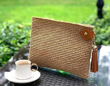 Gerçek Deri Hardal Cluch Püskül Light Gold Metalli