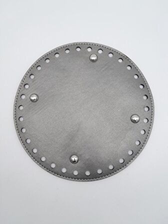 Parlak Gri Suni Deri 20 cm Yuvarlak Çanta Tabanı Gümüş Metalli