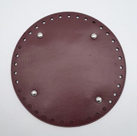 Bordo Suni Deri 22 cm Yuvarlak Çanta Tabanı Gümüş Metalli