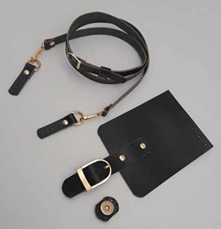 Siyah Gerçek Deri 130x1.5 cm Ayarlı Saplı Çanta Seti Light Gold Metalli