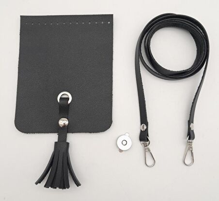 Siyah Suni Deri Püskül Kapaklı Cep Telefonu Mini Bag Çanta Seti Gümüş Metal