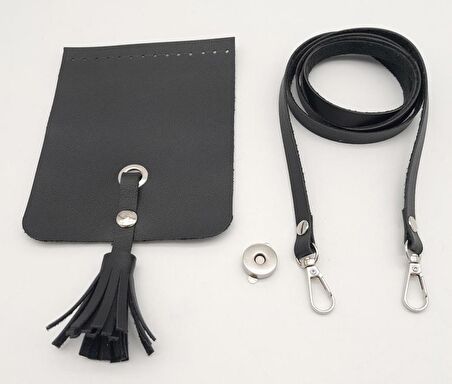Siyah Suni Deri Püskül Kapaklı Cep Telefonu Mini Bag Çanta Seti Gümüş Metal