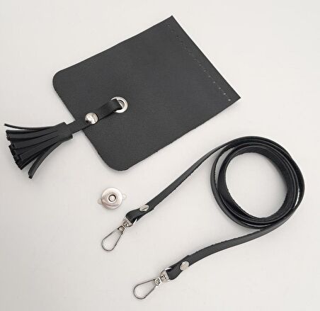 Siyah Suni Deri Püskül Kapaklı Cep Telefonu Mini Bag Çanta Seti Gümüş Metal