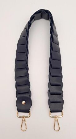 62 cm Yassı Örgü Model Suni Deri Lacivert Çanta Sapı Light Gold Metalli