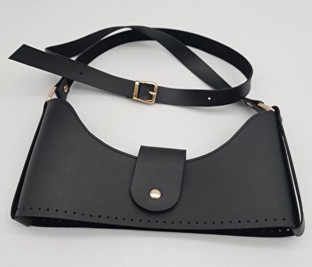 Siyah Suni Deri 120x2 cm Çanta Saplı Deri Seti Light Gold Metalli