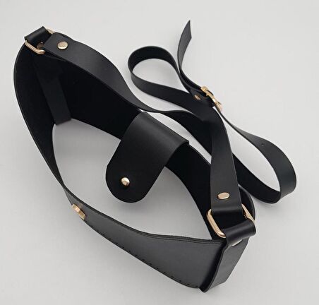 Siyah Suni Deri 120x2 cm Çanta Saplı Deri Seti Light Gold Metalli