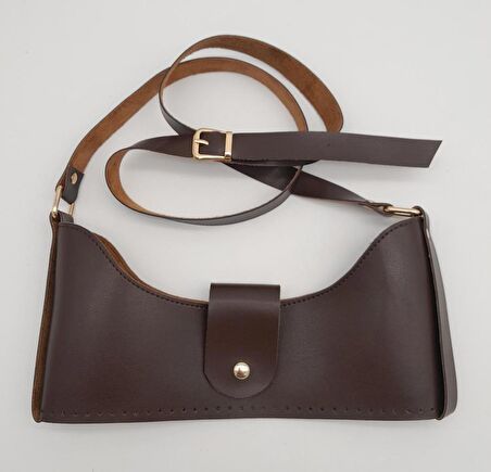 Kahverengi Suni Deri 120x2 cm Çanta Saplı Deri Seti Light Gold Metalli