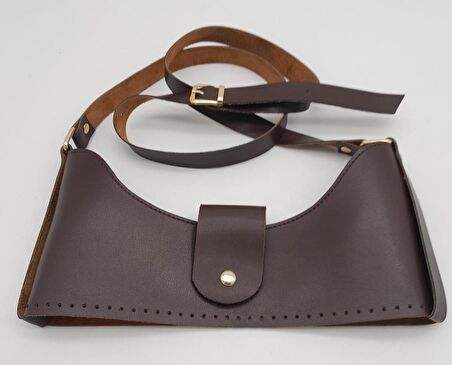 Kahverengi Suni Deri 120x2 cm Çanta Saplı Deri Seti Light Gold Metalli