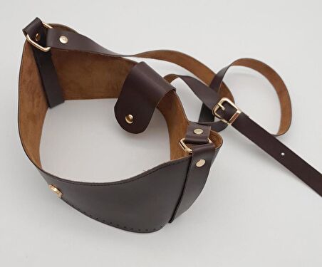 Kahverengi Suni Deri 120x2 cm Çanta Saplı Deri Seti Light Gold Metalli