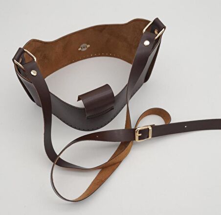 Kahverengi Suni Deri 120x2 cm Çanta Saplı Deri Seti Light Gold Metalli