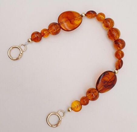 38 cm Yaylı Halkalı Kehribar İncili Akrilik Zincir Light Gold Metalli