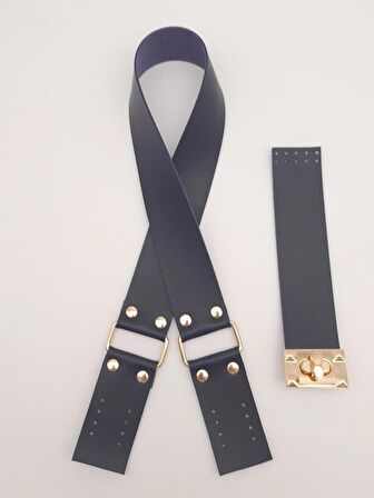 70x4 cm Suni Deri Çanta Saplı Kapaklı Lacivert Çanta Seti Light Gold Metalli