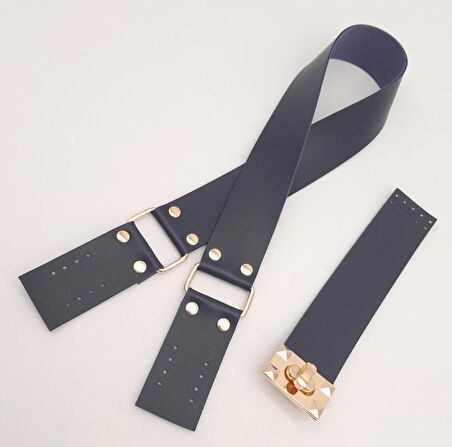 70x4 cm Suni Deri Çanta Saplı Kapaklı Lacivert Çanta Seti Light Gold Metalli