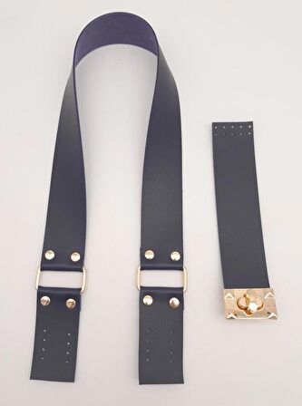 70x4 cm Suni Deri Çanta Saplı Kapaklı Lacivert Çanta Seti Light Gold Metalli