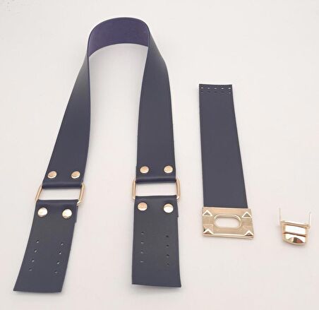 70x4 cm Suni Deri Çanta Saplı Kapaklı Lacivert Çanta Seti Light Gold Metalli