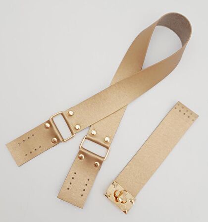70x4 cm Suni Deri Çanta Saplı Kapaklı Gold Renk Çanta Seti Light Gold Metalli