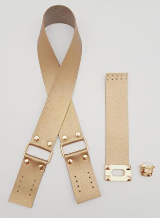 70x4 cm Suni Deri Çanta Saplı Kapaklı Gold Renk Çanta Seti Light Gold Metalli