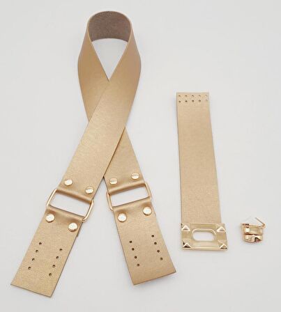 70x4 cm Suni Deri Çanta Saplı Kapaklı Gold Renk Çanta Seti Light Gold Metalli