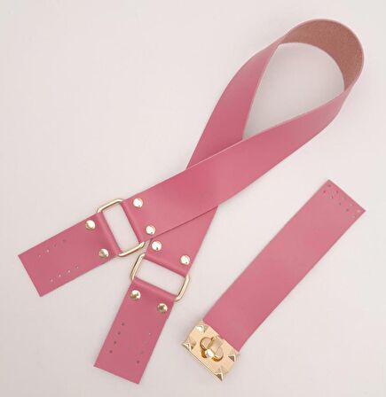 70x4 cm Suni Deri Çanta Saplı Kapaklı Fuşya Çanta Seti Light Gold Metalli