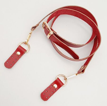 Gerçek Deri Ayarlı Uzun Sap 2X130 Kırmızı Light Gold Metalli