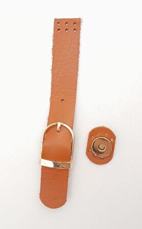 18x2.3 cm Turuncu Taba Gerçek Deri Tokalı Çanta Kapağı Light Gold Metalli