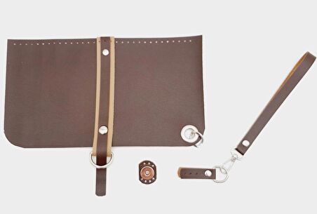 Suni Deri Abiye Cluch Çanta Seti Kahverengi Gümüş Metalli