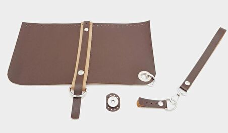 Suni Deri Abiye Cluch Çanta Seti Kahverengi Gümüş Metalli