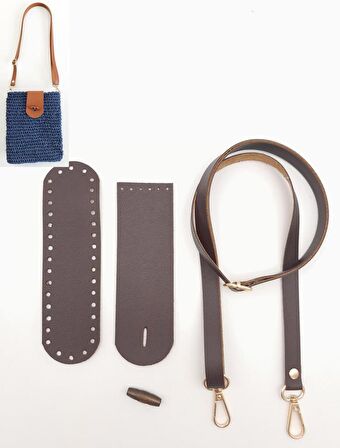 Suni Deri Ahşap Düğmeli Mini Bag Cep Telefonu Seti Kahverengi Light Gold Metalli