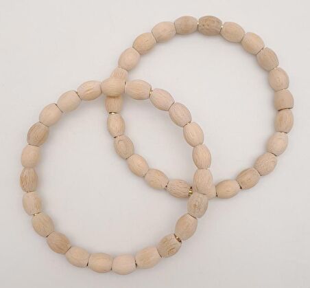12 cm Oval Ahşap Boncuklu Bilezik Model Ham Ahşap Çift Sap