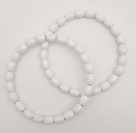 12 cm Oval Ahşap Boncuklu Bilezik Model Beyaz Renk Çift Sap