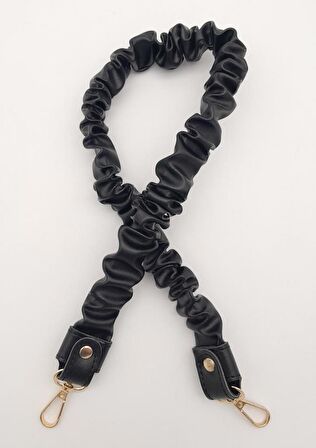 70 cm Büzgü Model Suni Deri Siyah Renk Çanta Sapı Light Gold Metalli