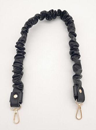 70 cm Büzgü Model Suni Deri Siyah Renk Çanta Sapı Light Gold Metalli