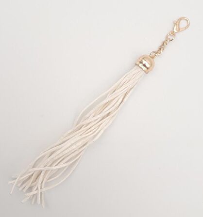 Süet Nubuk Deri Kovanlı Uzun Püskül Beyaz Renk Light Gold Metalli