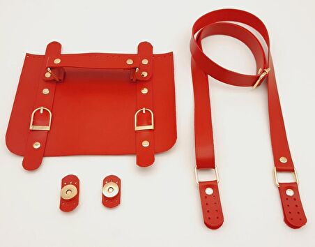 Suni Deri Çift Tokalı Ayarlı Saplı Kırmızı Renk Çanta Deri Seti Light Gold Metalli