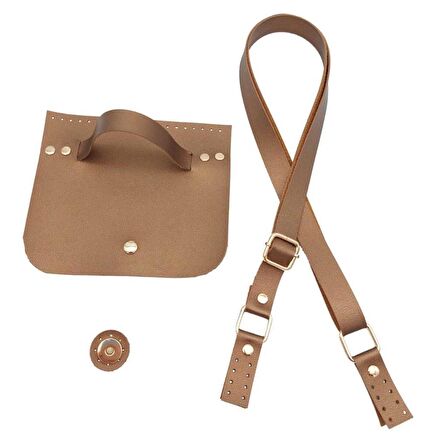 Suni Deri Aysan Model Ayarlı Saplı Bakır Renk Çanta Seti Light Gold Metalli