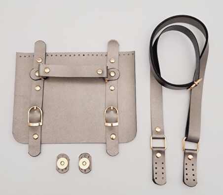 Suni Deri Çift Tokalı Ayarlı Saplı Parlak Gri Renk Çanta Deri Seti Light Gold Metalli