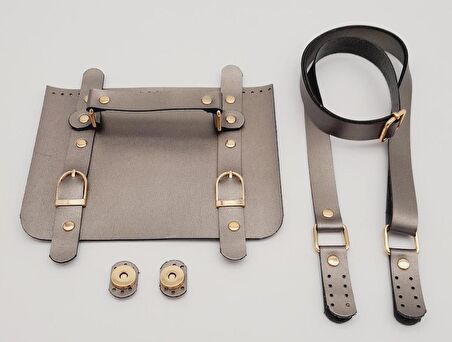 Suni Deri Çift Tokalı Ayarlı Saplı Parlak Gri Renk Çanta Deri Seti Light Gold Metalli