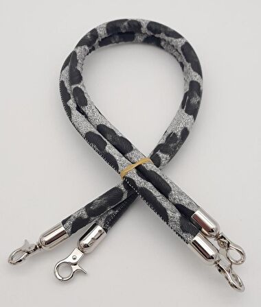 Çift Kordon Çanta Sapı Gri Siyah Leopar Gümüş Metalli