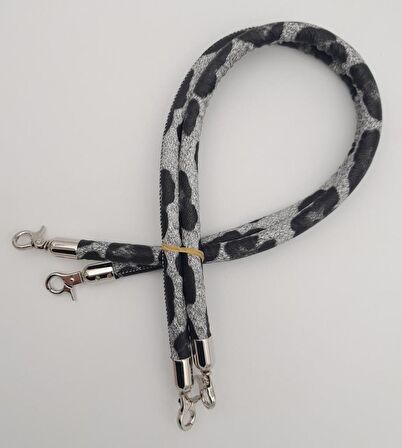 Çift Kordon Çanta Sapı Gri Siyah Leopar Gümüş Metalli