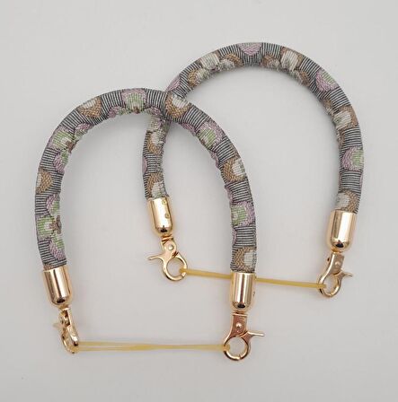 Çift Kısa Kordon Çanta Sapı Gri Lila Çiçekli Light Gold Metalli