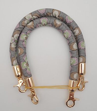 Çift Kısa Kordon Çanta Sapı Gri Lila Çiçekli Light Gold Metalli