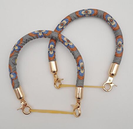 Çift Kısa Kordon Çanta Sapı Gri Turuncu Çiçekli Light Gold Metalli