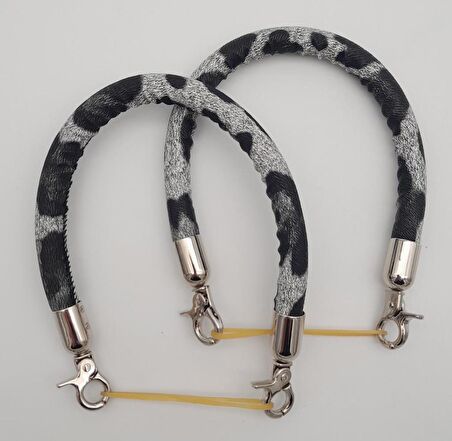 Çift Kısa Kordon Çanta Sapı Gri Siyah Leopar Gümüş Metalli