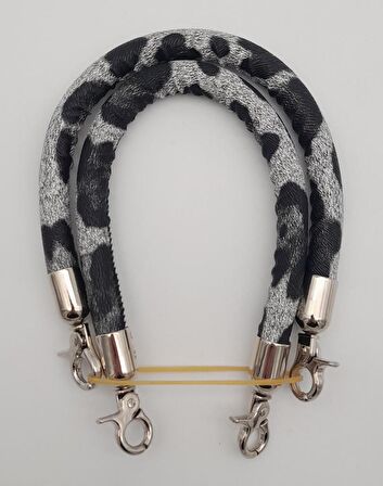 Çift Kısa Kordon Çanta Sapı Gri Siyah Leopar Gümüş Metalli