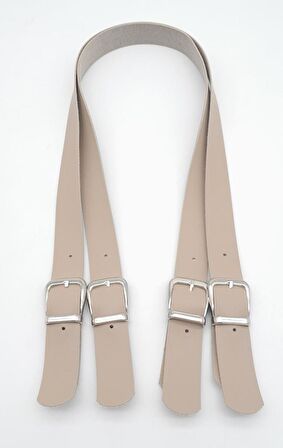 Tokalı Model Suni Deri Bej Renk Çift Çanta Sapı Gümüş Metal