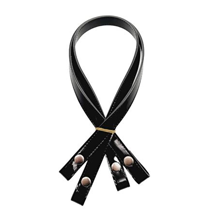 Rugan Deri Çift Kat Dikişli 70 cm Çıtçıtlı Çanta Sapı Siyah Renk Gümüş Metalli