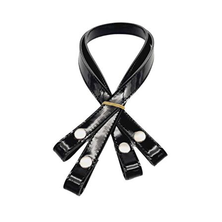 Rugan Deri Çift Kat Dikişli 70 cm Çıtçıtlı Çanta Sapı Siyah Renk Gümüş Metalli