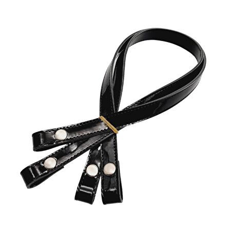 Rugan Deri Çift Kat Dikişli 70 cm Çıtçıtlı Çanta Sapı Siyah Renk Gümüş Metalli