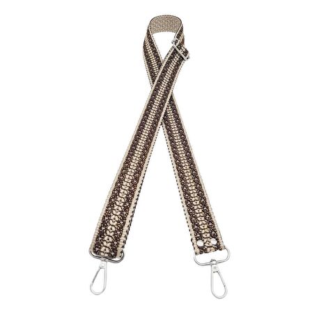 120x3 cm Polyester Kolon Çanta Sapı Bej Kahverengi Simli Gümüş Metalli