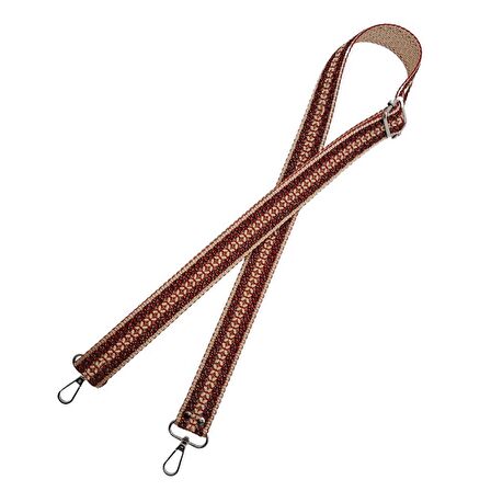 120x3 cm Polyester Kolon Çanta Sapı Bej Kırmızı Simli Gümüş Metalli